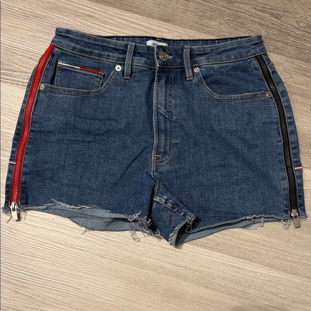 Tommy Hilfiger Blue Jean Shorts with Red and Black Zippers